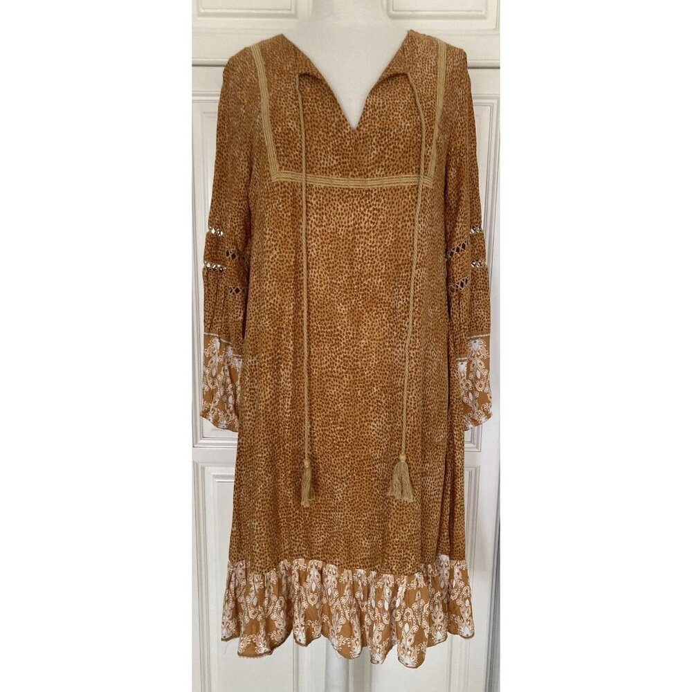 Label of Love Dress L Boho Hippie Peasant Tassel V‑Neck Animal Print Indie Chic